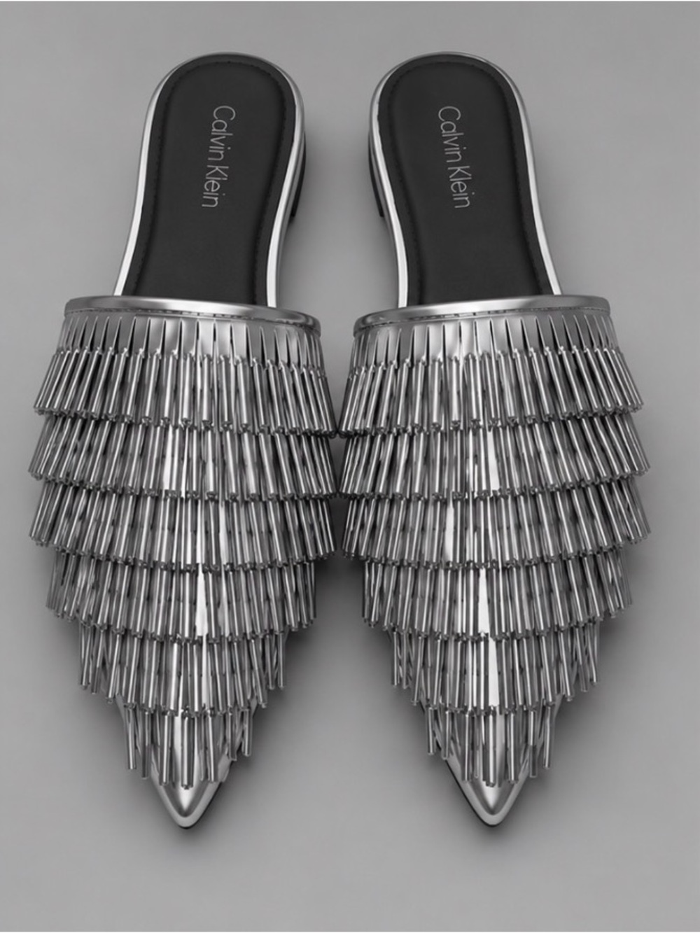 Calvin Klein Metallic Silver Tiered Fringe Pointed Mules